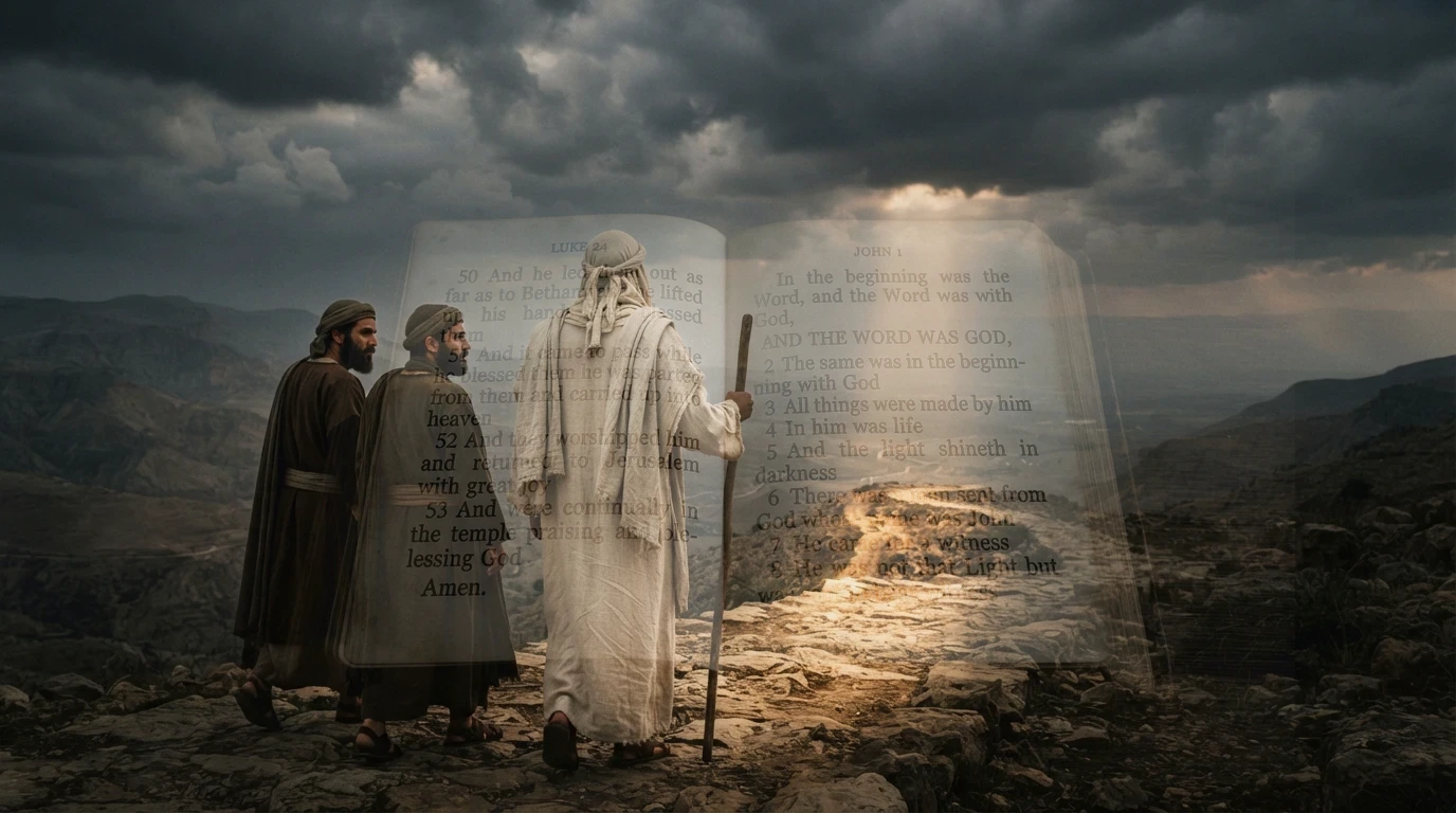 Jesus walking a rocky trail with two disciples, layered with an open Bible