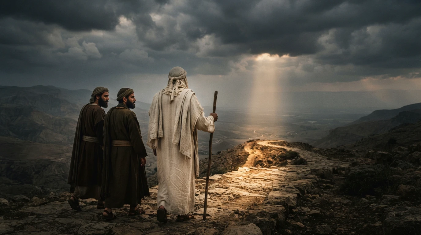 Three adult Galilean travelers seen from a slight three-quarter rear angle on a worn mountain path under heavy dark cumulus clouds filling two-thirds of the sky: the tallest at center wears a flowing linen robe rich in warm cream tones, with a linen shawl and head-wrap; he is accompanied by two bearded companions in earth-toned first-century tunics; a single tight warm shaft of golden crepuscular light pierces the cloud break and falls on the path ahead