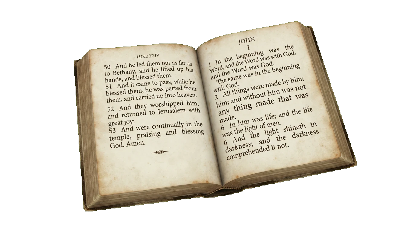 An open antique Bible with no background fill; the left page is the end of Luke chapter 24 with verses 50 through 53 and a closing amen; the right page is the opening of John chapter 1 with AND THE WORD WAS GOD set prominently midway down the page; all in matching serif